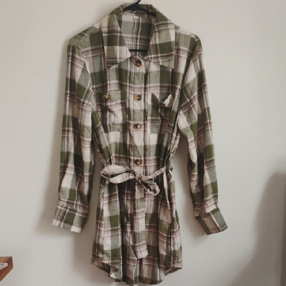 Shein | Olive Green + Cream Flannel Shirt Dress with Belt | M | NWOT